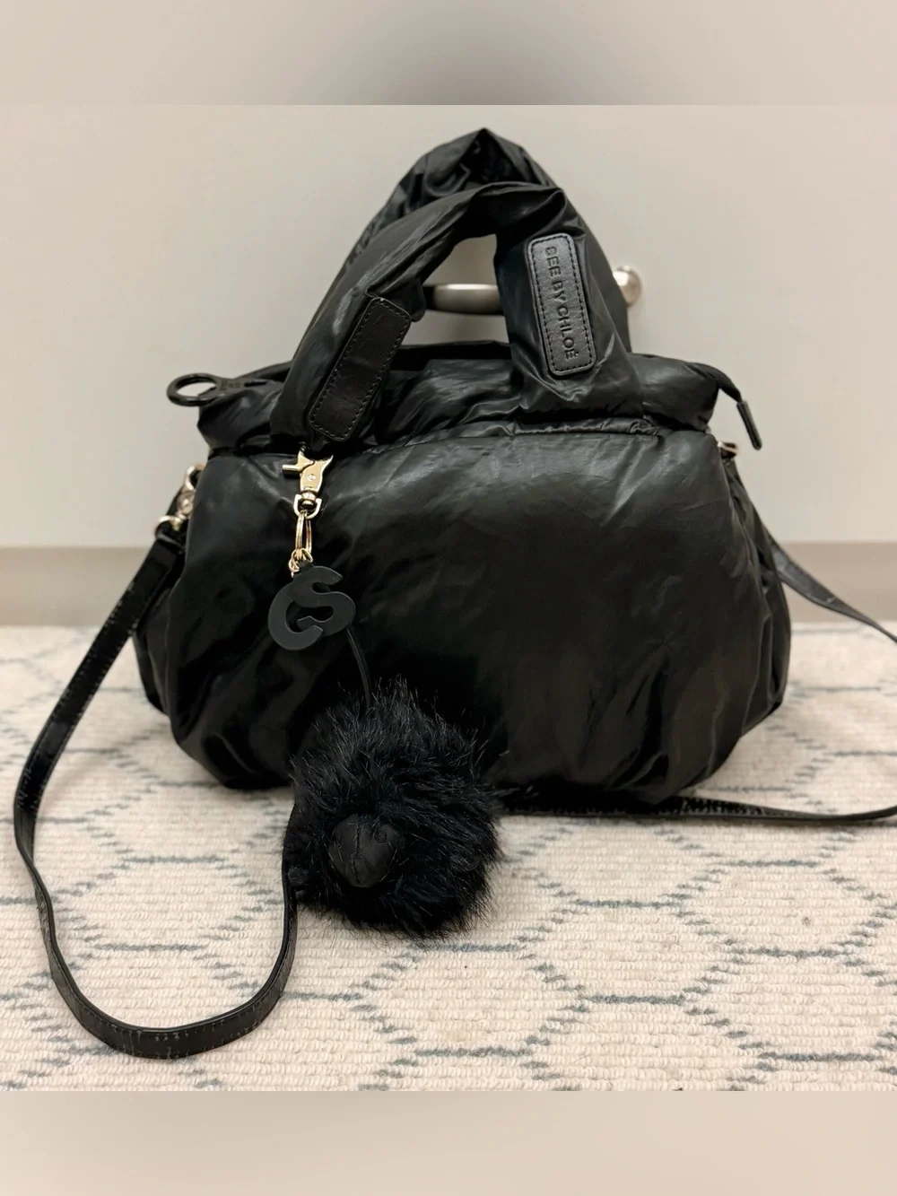 SEE BY CHLOE Y2K “Joy Rider” Black Puffy Nylon 2-Way Crossbody Bag W/ Charms
